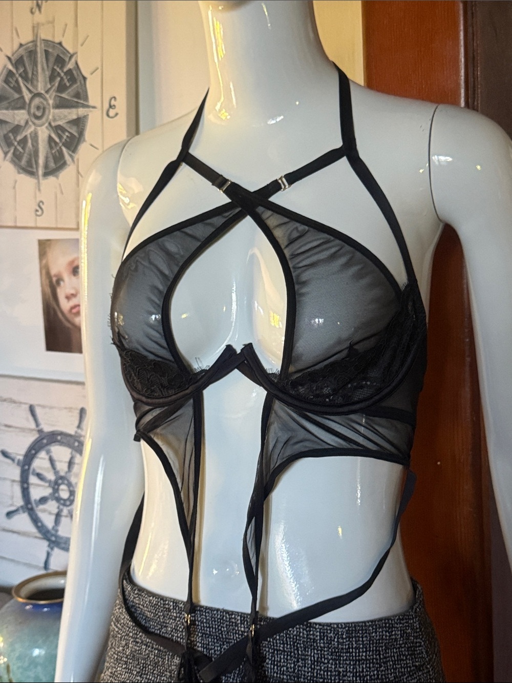 La Senza Sheer Strappy Black Lingerie Bustier teddy size M